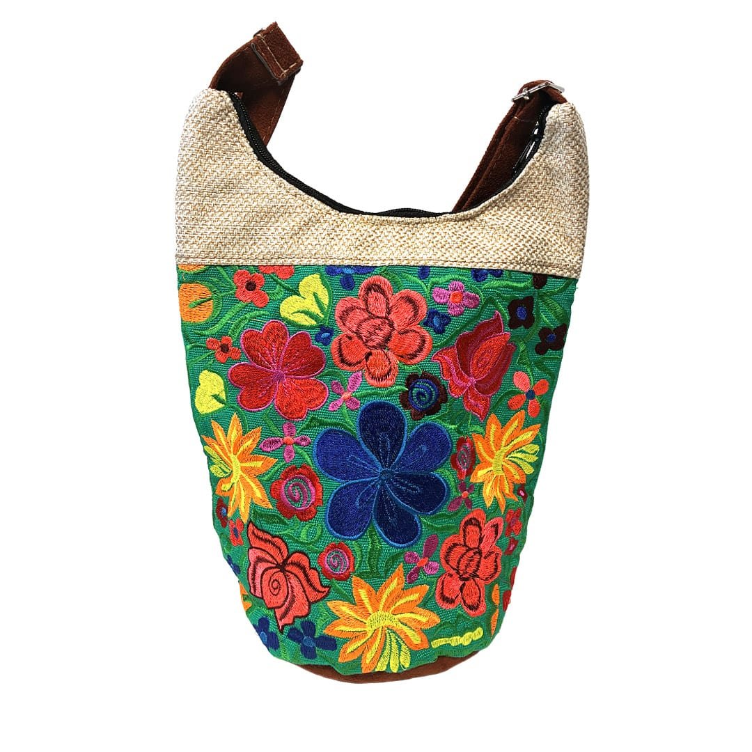 Floral Embroidered Burlap Bucket Bag - Image 4