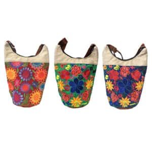Floral Embroidered Burlap Bucket Bag