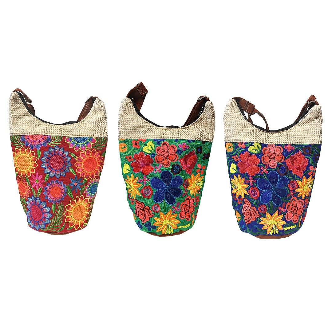 Floral Embroidered Burlap Bucket Bag
