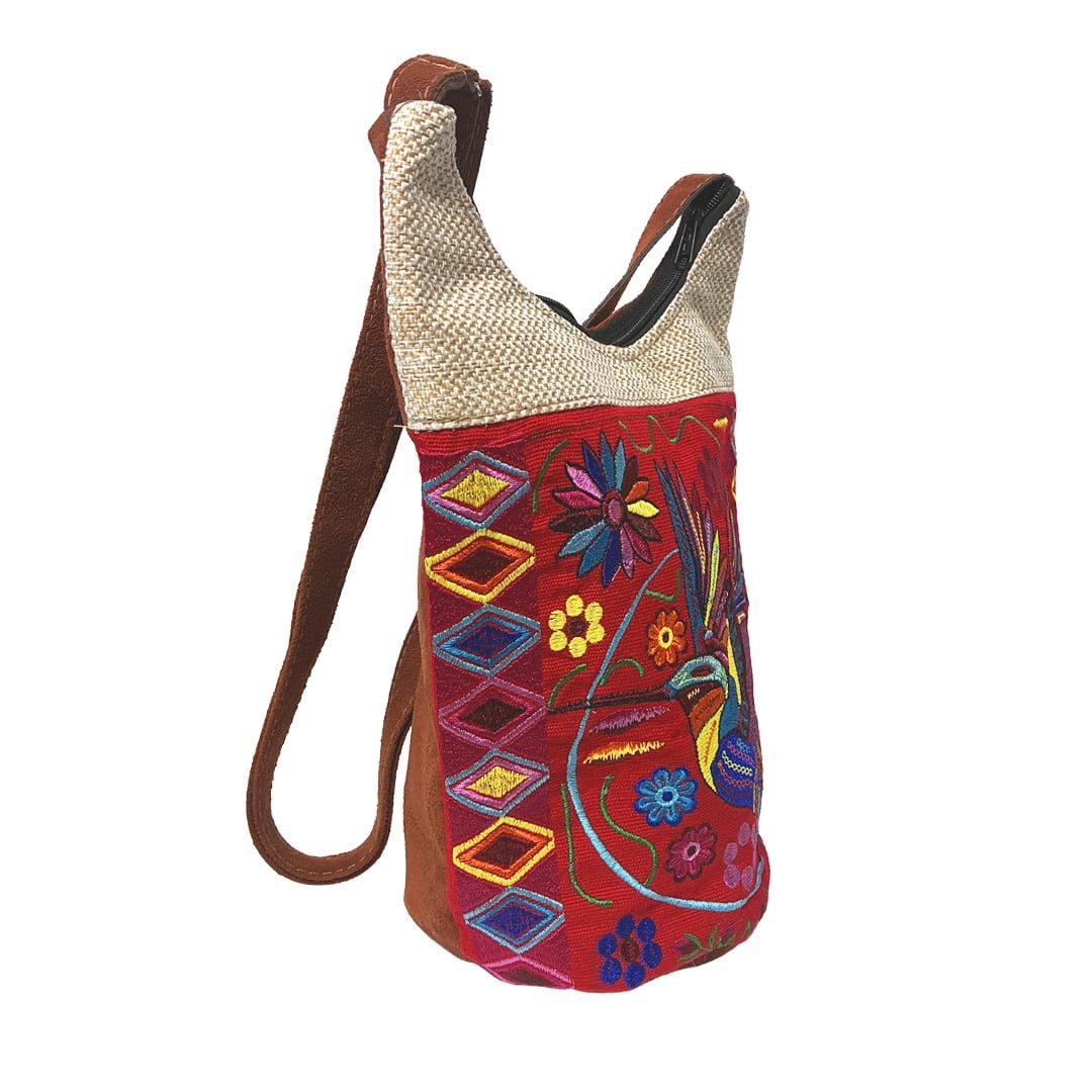 Floral Hummingbird Embroidered Burlap Bucket Bag - Image 3