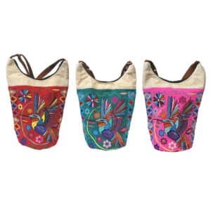 Floral Hummingbird Embroidered Burlap Bucket Bag