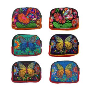Assorted embroidered butterfly coin purses handmade in Guatemala featuring colorful butterfly and floral designs, rounded tops, and zipper closures
