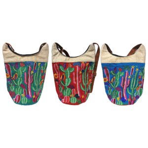 Floral Cactus Embroidered Burlap Bucket Bag