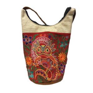 Floral Salamander Embroidered Burlap Bucket Bag