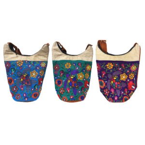 Floral Sea Turtle Embroidered Burlap Bucket Bag