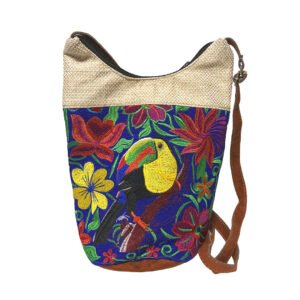 Floral Toucan Embroidered Burlap Bucket Bag