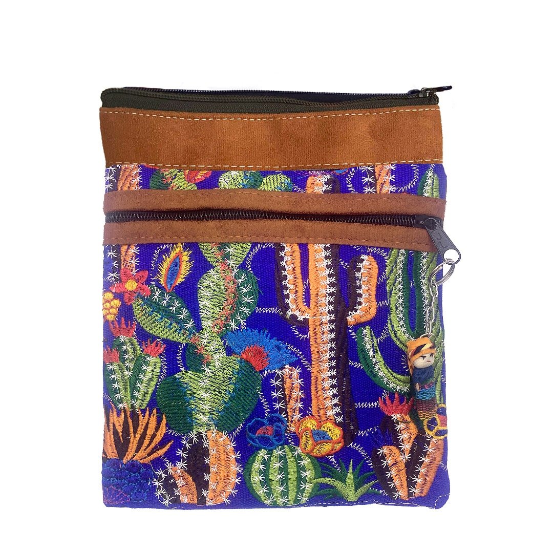Embroidered Cactus Leather Crossbody Purse Passport Bag