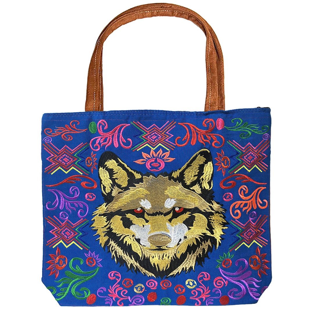 Embroidered Wolf Head Large Suede Tote Bag - Image 3