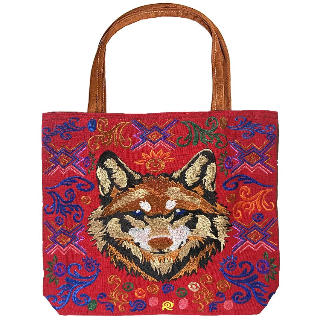 Embroidered Wolf Head Large Suede Tote Bag - Image 4