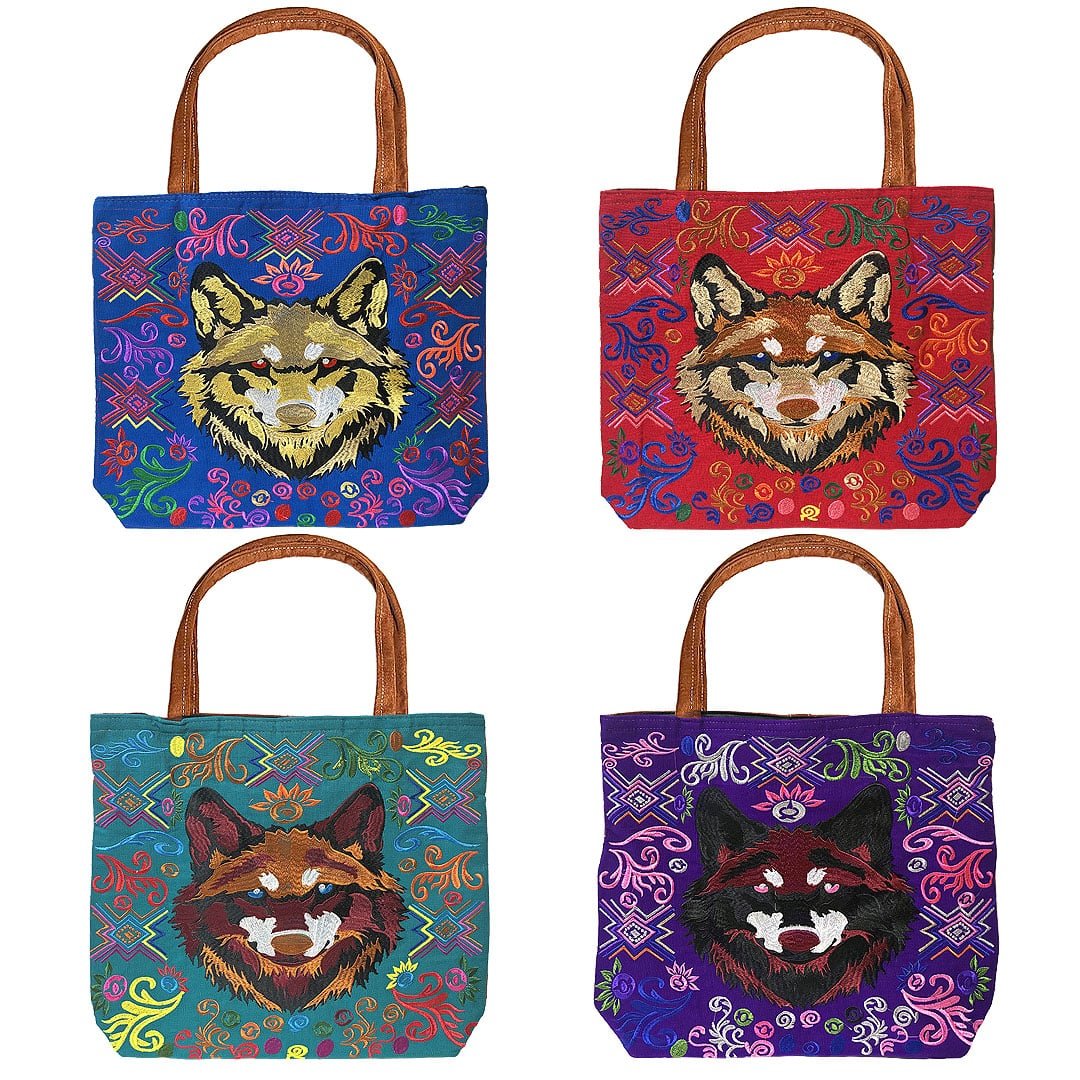 Embroidered Wolf Head Large Suede Tote Bag