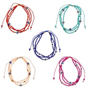 Multi Evil Eye Beaded Strand Pull Tie Anklet