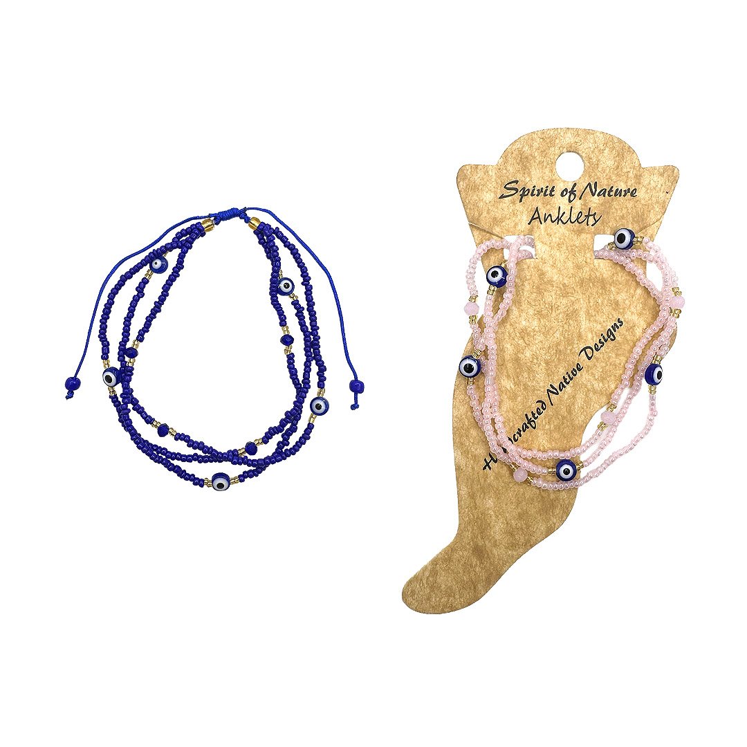 Multi Evil Eye Beaded Strand Pull Tie Anklet - Image 4