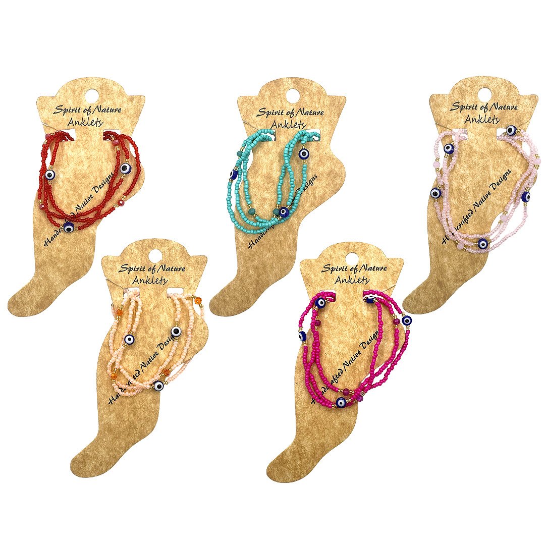 Multi Evil Eye Beaded Strand Pull Tie Anklet - Image 2
