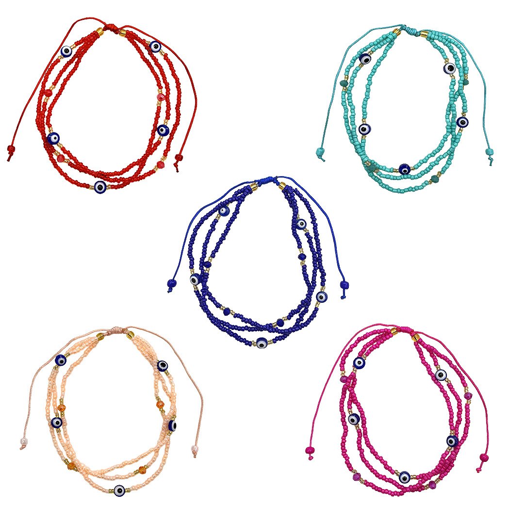 Multi Evil Eye Beaded Strand Pull Tie Anklet