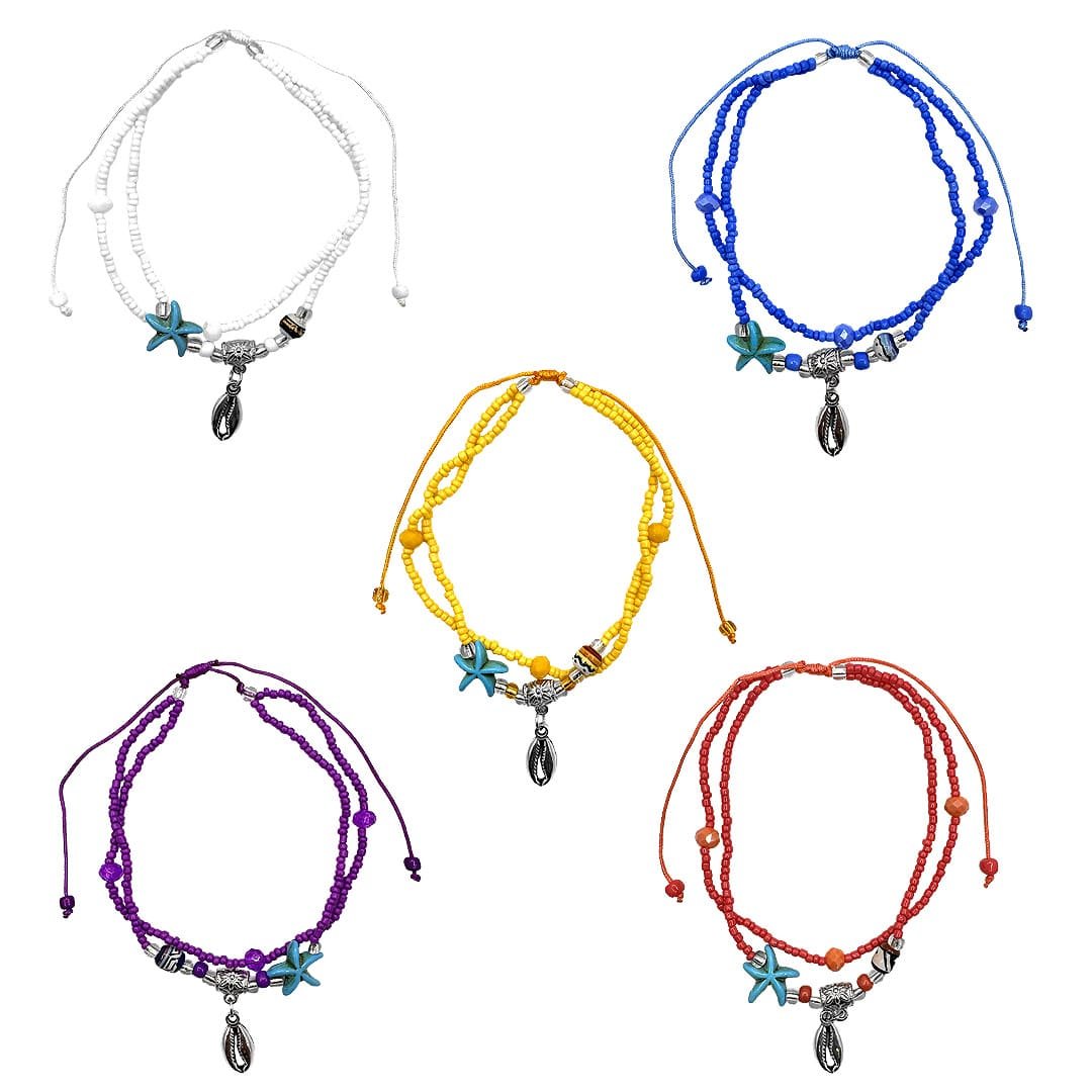 Sea Shell Charm Beaded Multi Strand Pull Tie Anklet