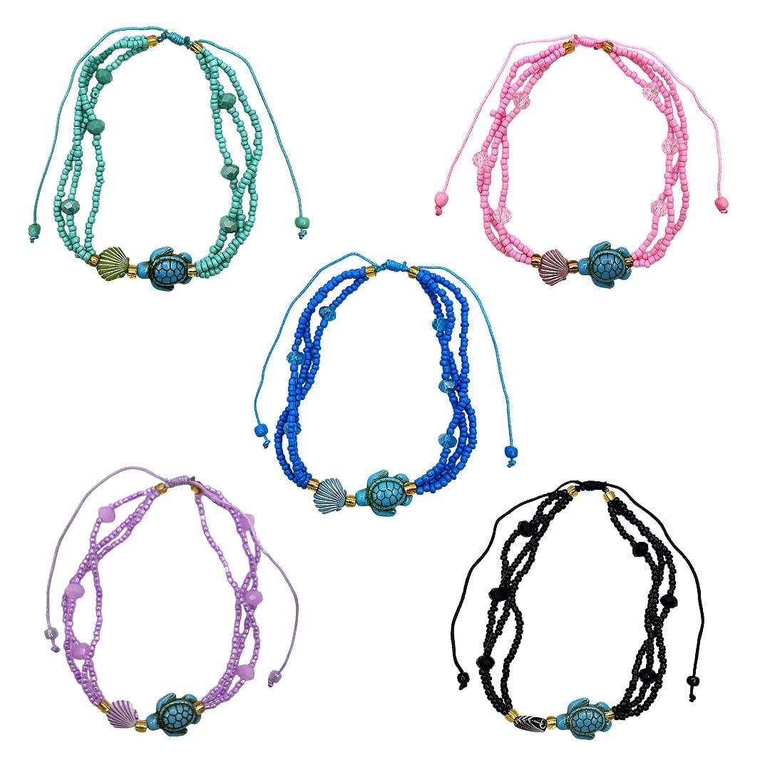 Sea Turtle Beaded Multi Strand Pull Tie Anklet