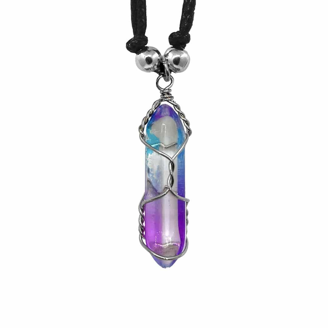 Wire Wrapped Hexagonal Glass Crystal Point Pendant Necklace