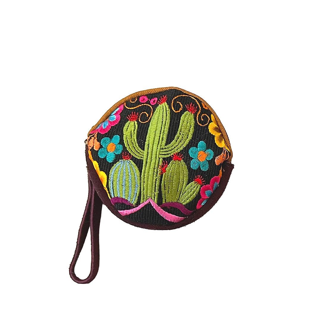 Round Cactus Embroidered Leather "Bella" Coin Purse Pouch - Image 2