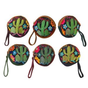 Round Cactus Embroidered Leather "Bella" Coin Purse Pouch