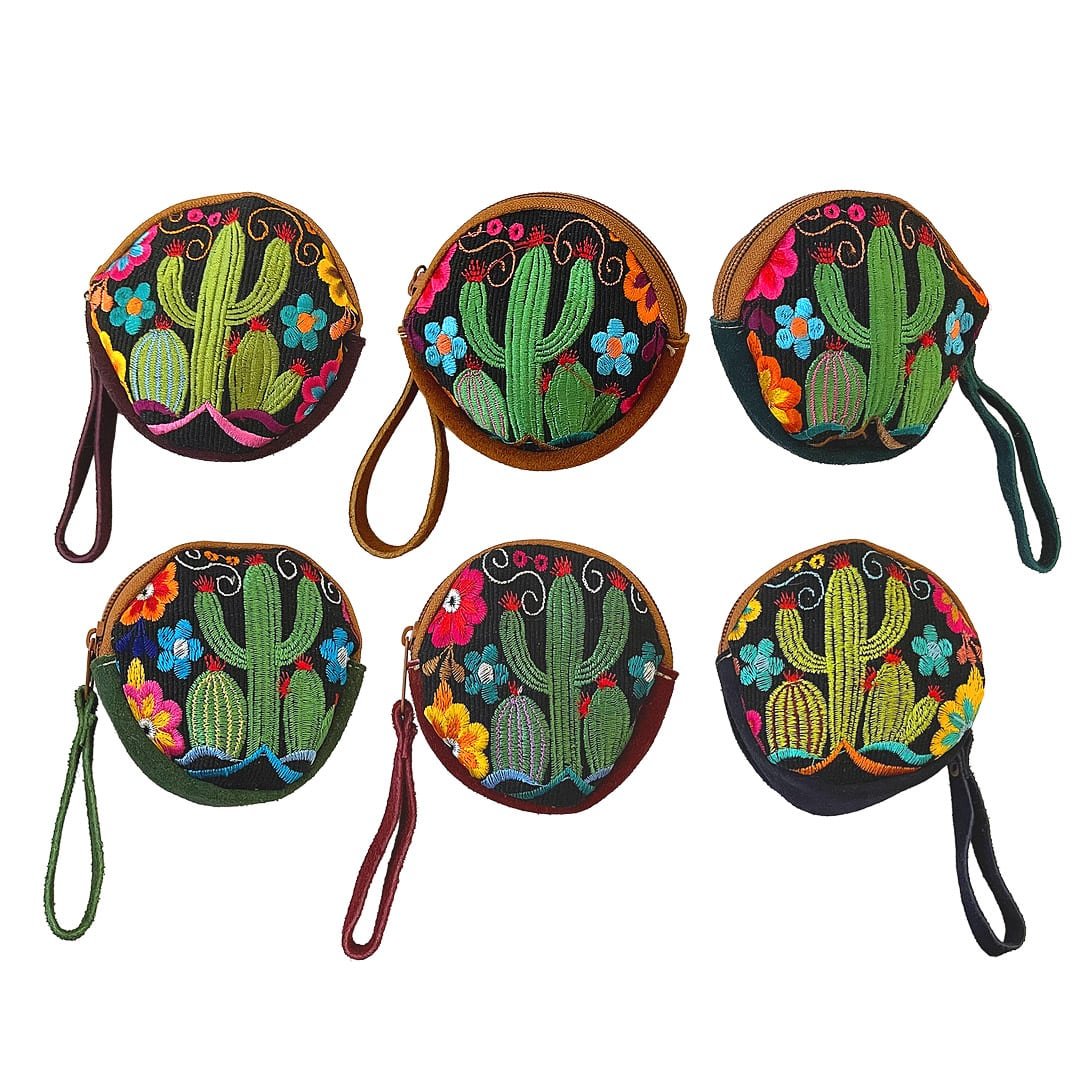 Round Cactus Embroidered Leather "Bella" Coin Purse Pouch