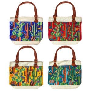 Cactus Embroidered Burlap Tote Bag