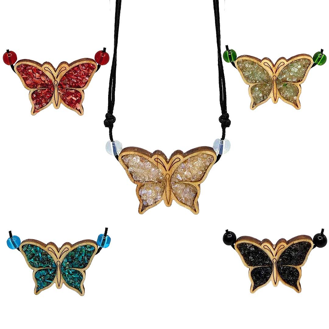 Wooden Stone Butterfly Pendant Necklace