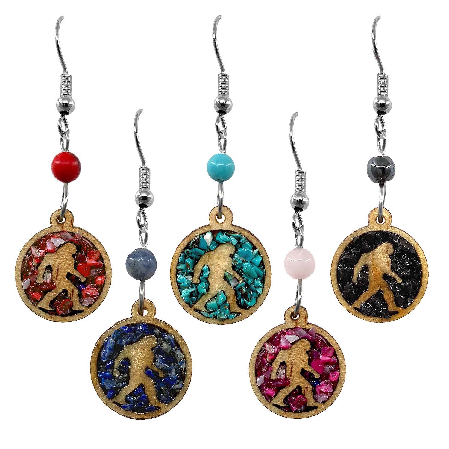 Wooden Stone Bigfoot Earrings