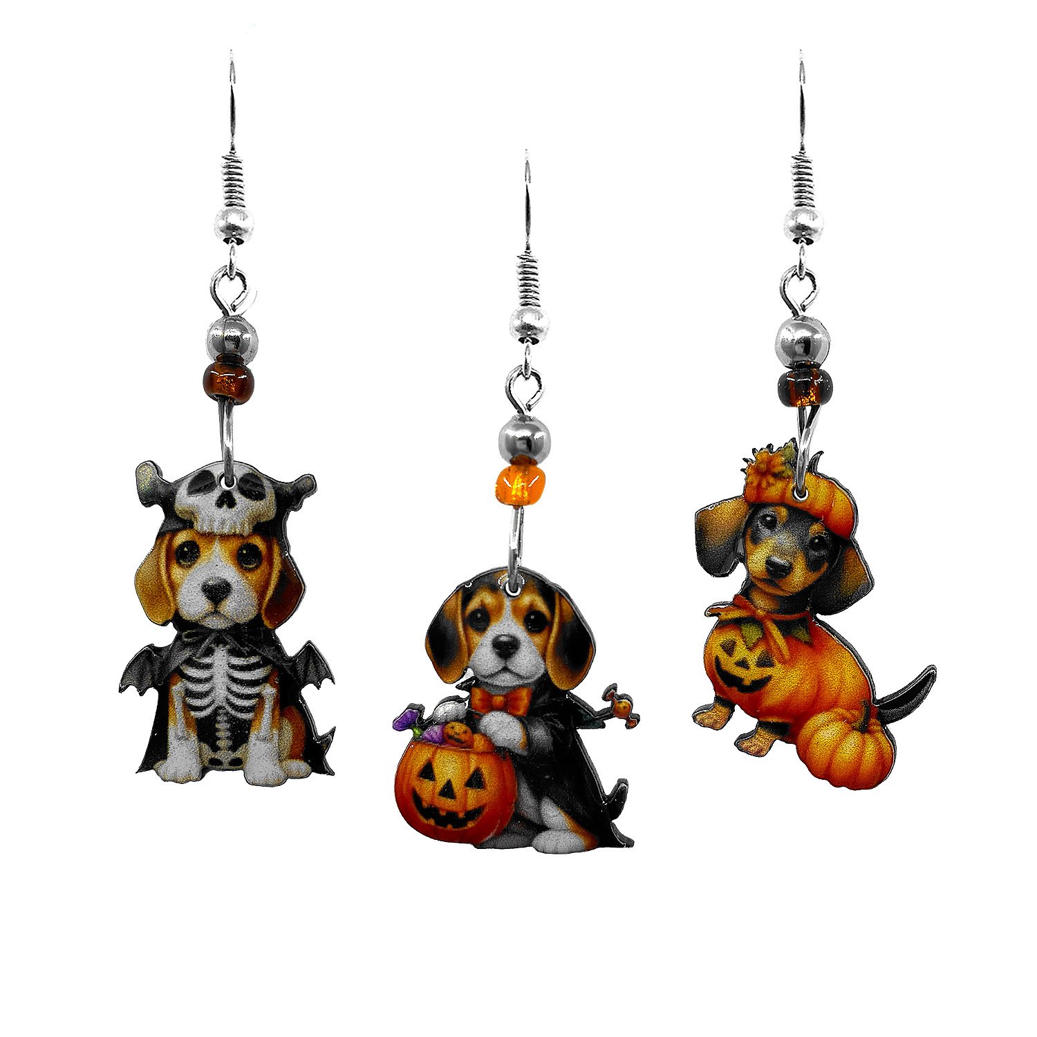 Halloween pet acrylic dangle earrings featuring dogs in pumpkin, skeleton, and other festive costumes