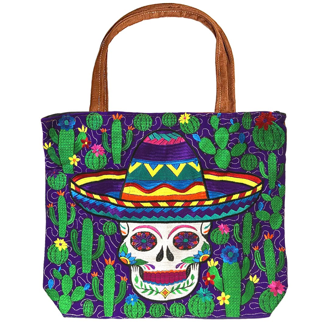 Embroidered Day of the Dead Cactus Large Suede Tote Bag - Image 2