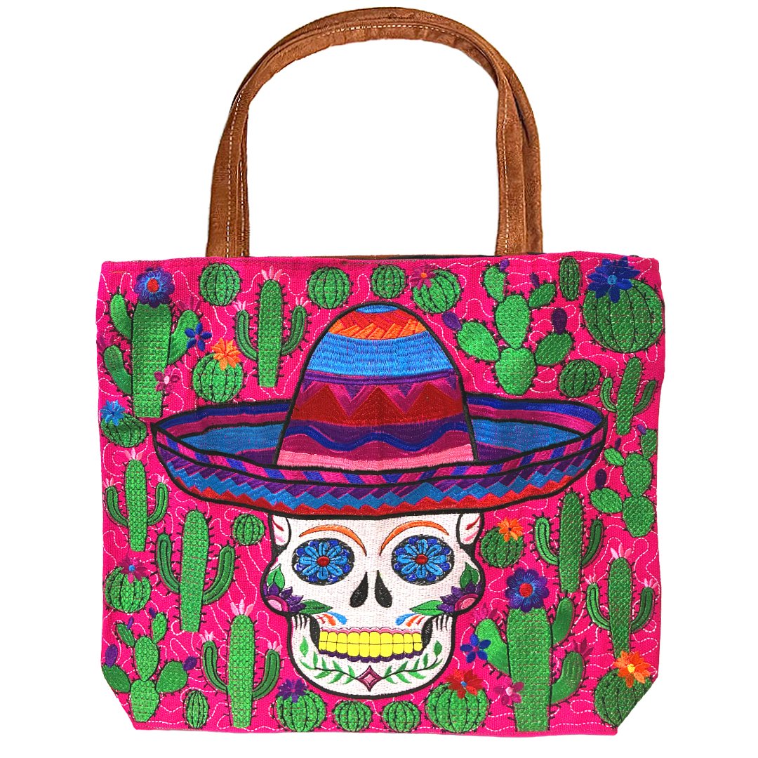 Embroidered Day of the Dead Cactus Large Suede Tote Bag - Image 4