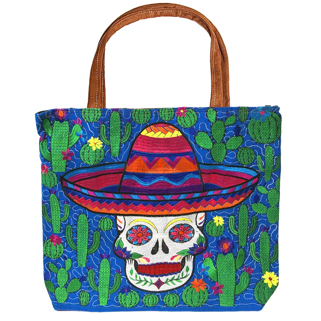 Embroidered Day of the Dead Cactus Large Suede Tote Bag - Image 5