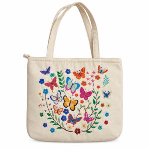 Large cream-colored embroidered tote bag with colorful butterflies, flowers, and leafy branches