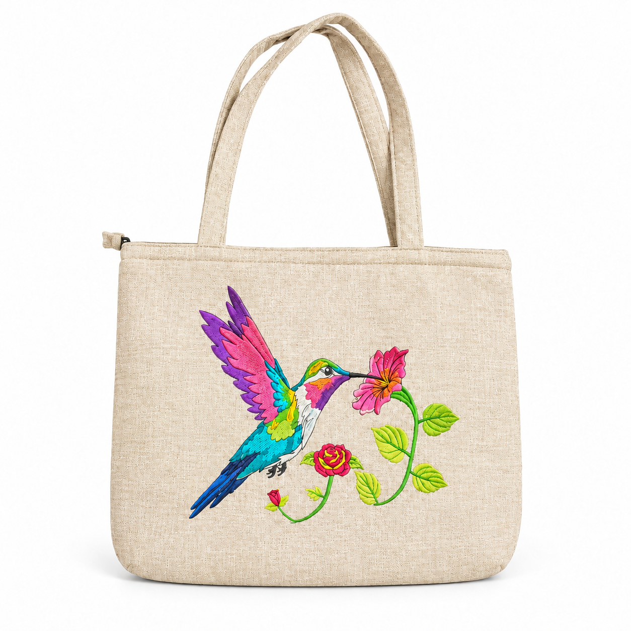 Large cream-colored embroidered tote bag with a colorful hummingbird, flowers, and leafy branches