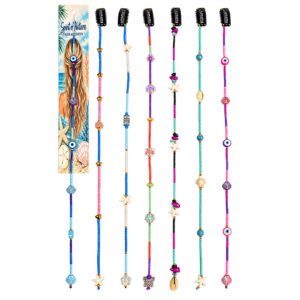 Colorful beaded hair charm accessories with seashells, flowers, evil eyes, and decorative beads, handmade in Peru