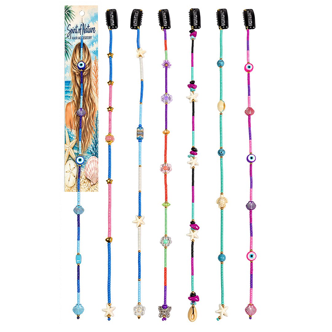 Colorful beaded hair charm accessories with seashells, flowers, evil eyes, and decorative beads, handmade in Peru