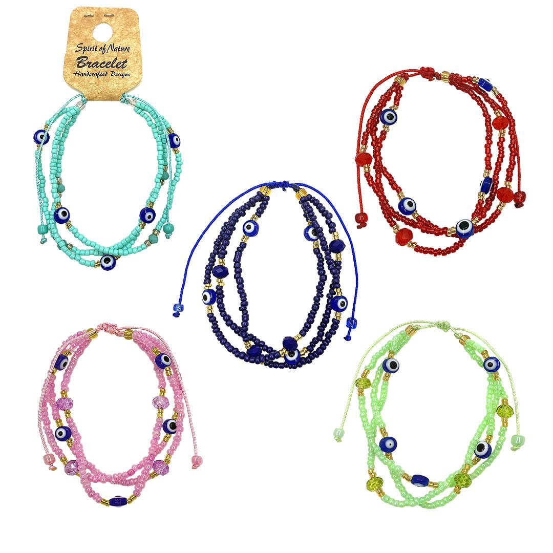 Multi evil eye beaded multistrand pull tie bracelets in assorted colors