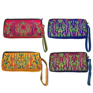 Assorted embroidered cactus wristlets handmade in Guatemala, featuring colorful cactus and desert floral designs, zippered closures, and fabric wrist straps