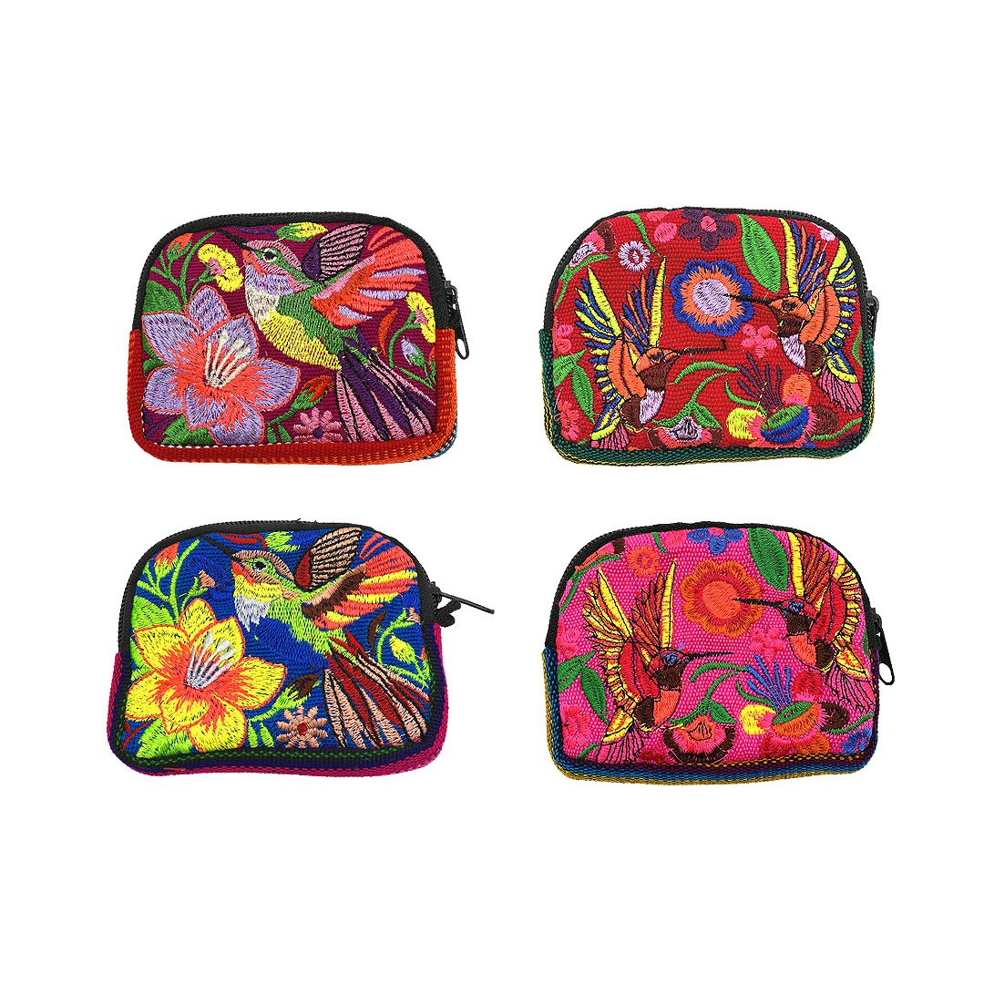 Assorted embroidered hummingbird coin purses handmade in Guatemala featuring colorful hummingbird and tropical floral designs, rounded tops, and zipper closures