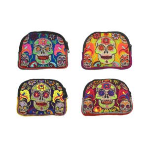 Assorted embroidered sugar skull coin purses handmade in Guatemala featuring colorful floral skull designs, rounded tops, and zipper closures