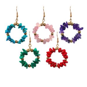 Small chip stone beaded hoop earrings with gold-tone accents, shown in a selection of assorted stone colors