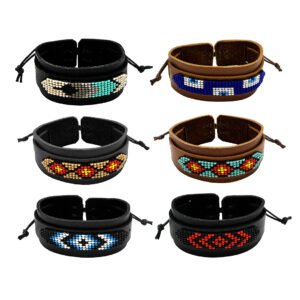 Large unisex leather beaded pull tie bracelets with assorted colorful seed bead patterns