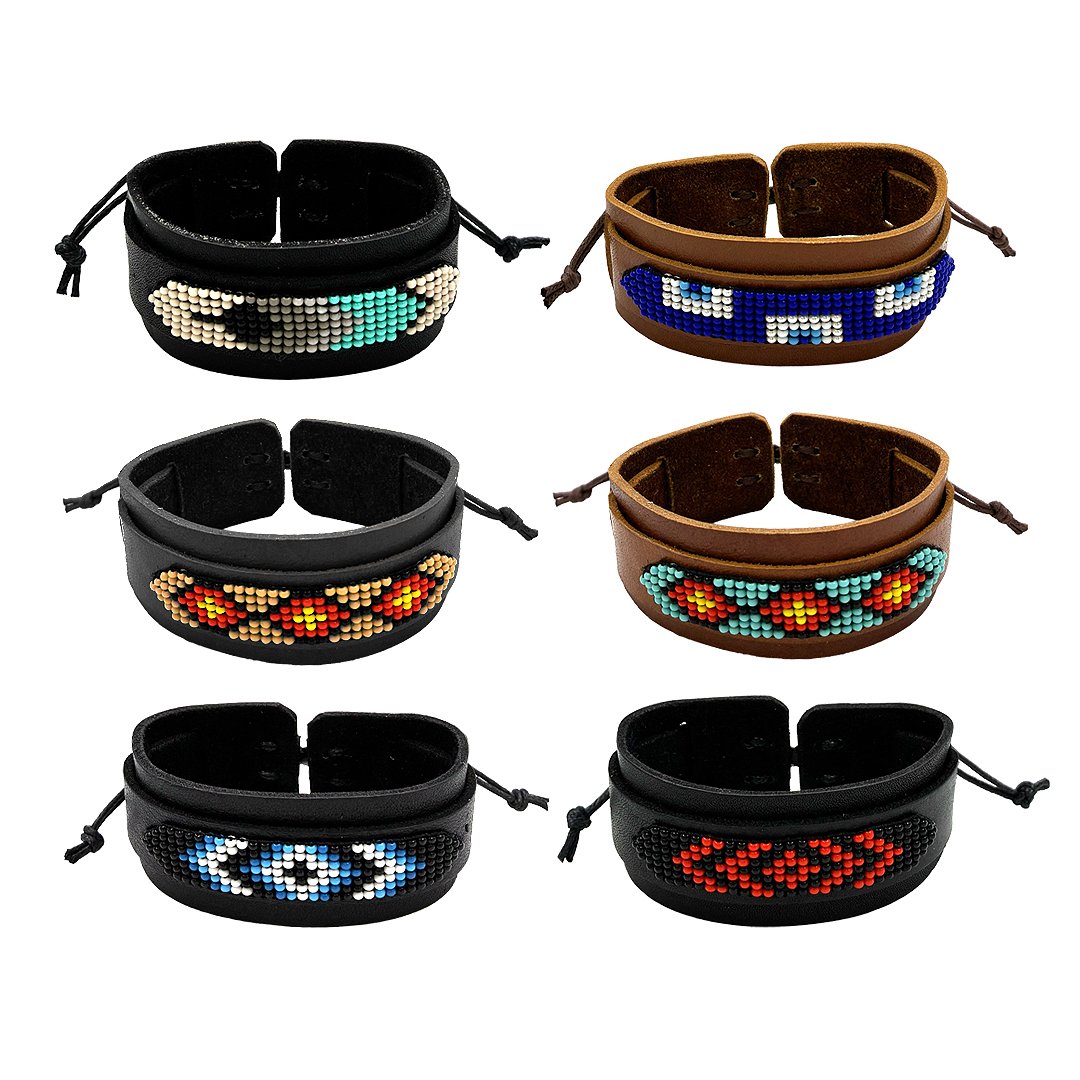 Large unisex leather beaded pull tie bracelets with assorted colorful seed bead patterns