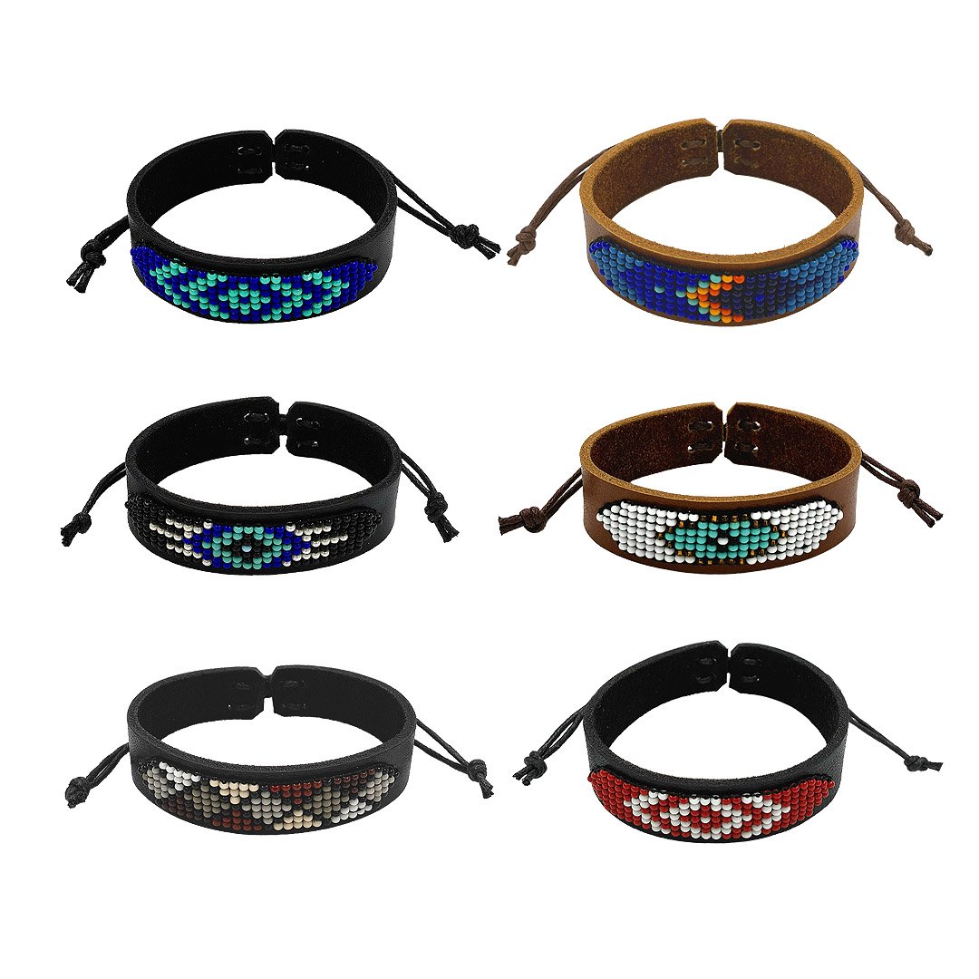 Small unisex leather beaded pull tie bracelets with assorted colorful seed bead patterns