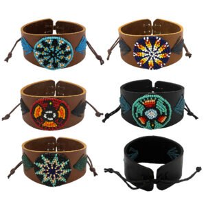 Wide leather cuff pull tie bracelets with colorful circular seed bead designs, handmade in Ecuador