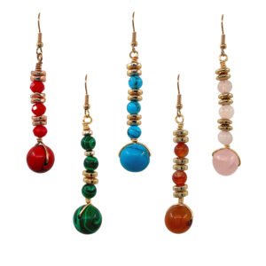 Stone ball beaded drop earrings with crystal beads and gold-tone accents in assorted colors and stone combinations, handmade in Peru