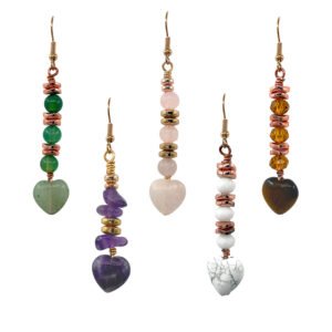 Handmade stone heart beaded dangle earrings from Peru featuring assorted heart-shaped stones, colorful crystal beads, and gold-tone accents