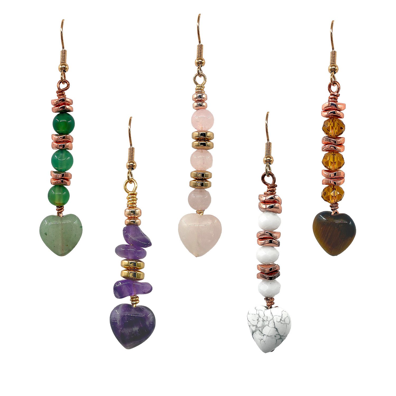 Handmade stone heart beaded dangle earrings from Peru featuring assorted heart-shaped stones, colorful crystal beads, and gold-tone accents
