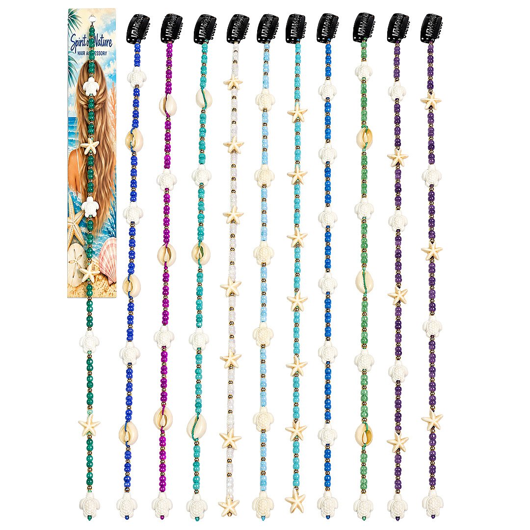 Long mini crystal beaded hair charms with assorted sea life accents, colorful beads, and hair clips for long hairstyles