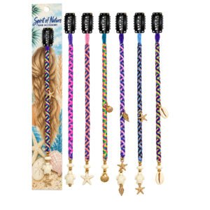 Colorful macrame braided hair charm accessories with assorted sea turtle, starfish, and seashell accents, handmade in Peru