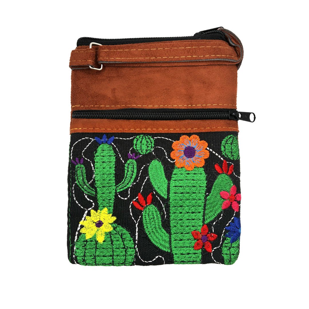 Small Embroidered Cactus Leather Crossbody Passport Bag - Image 2